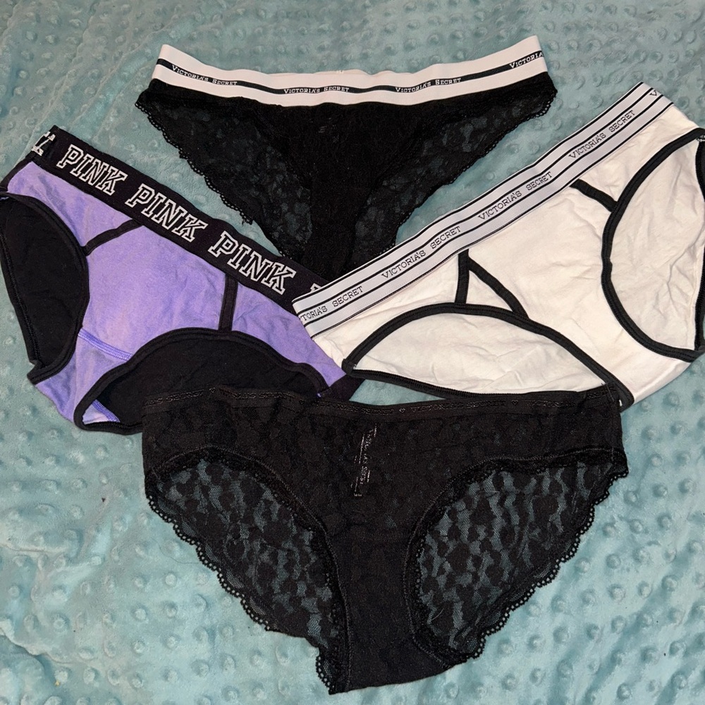 PINK Victoria's Secret Women's Lace and Cotton Panty Set - Black, White, Purple